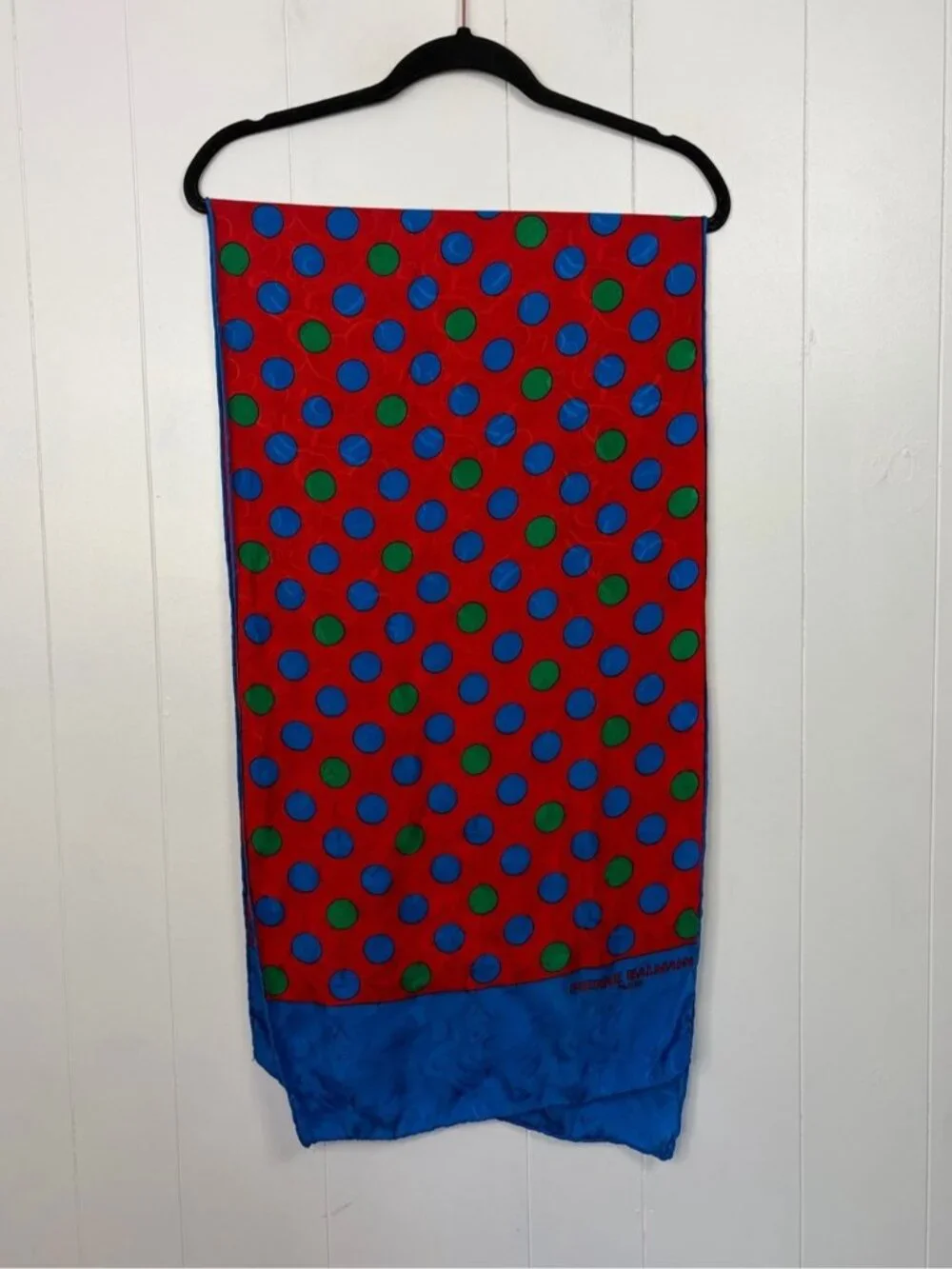 PIERRE BALMAIN Vintage 100% Silk Scarf French Luxury Designer Red Blue Polka Dot